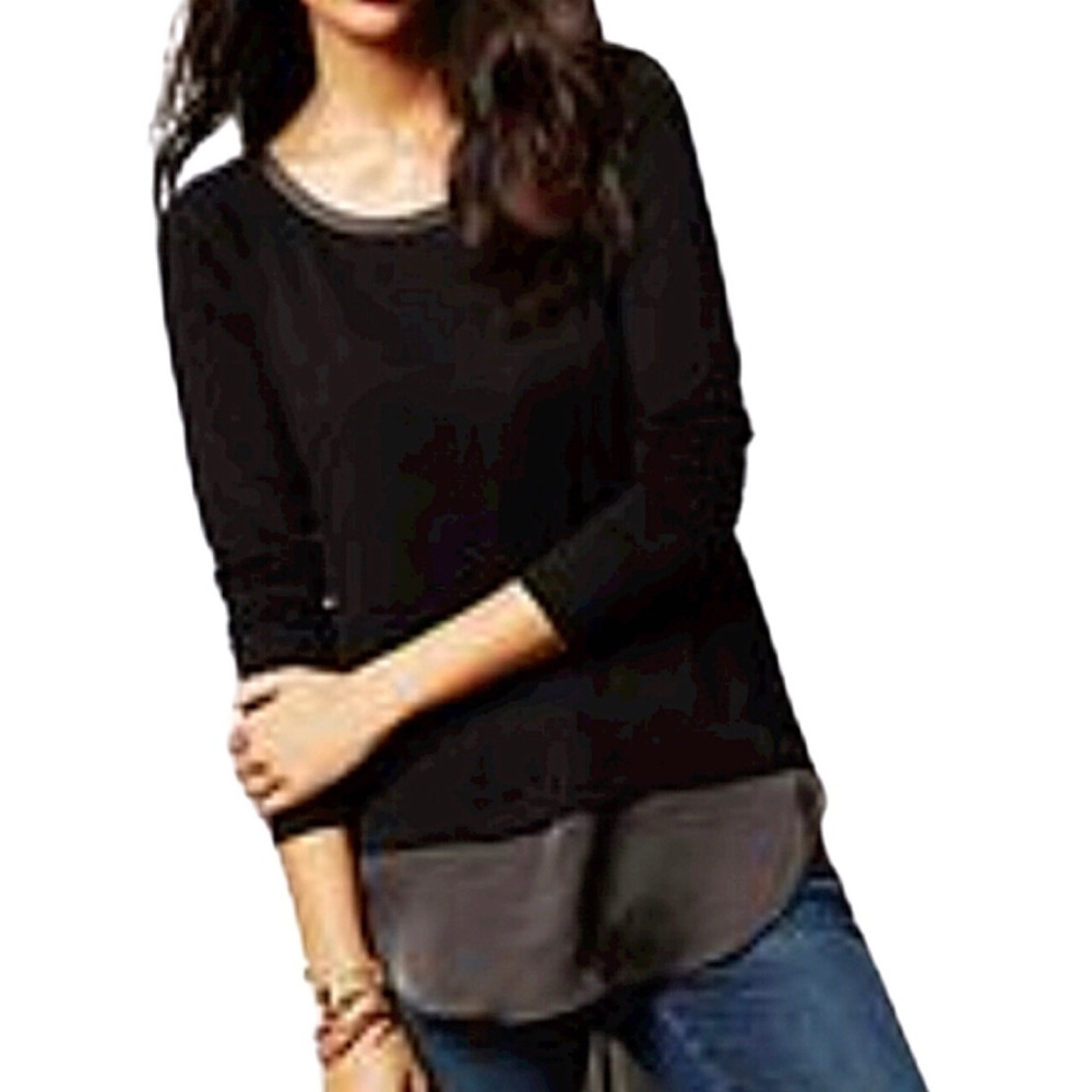 Bordeaux Black Long Sleeve Layered Raw Edge Hem Basic Tunic Top Womens XS
